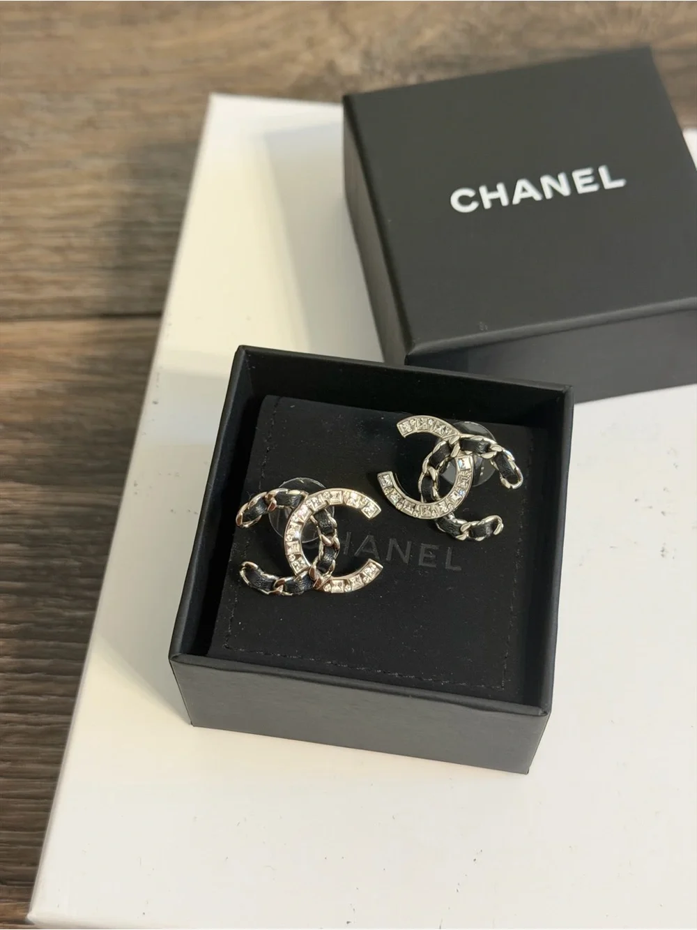 Chanel Silver Crystal CC Black Leather Statement Stud Earrings